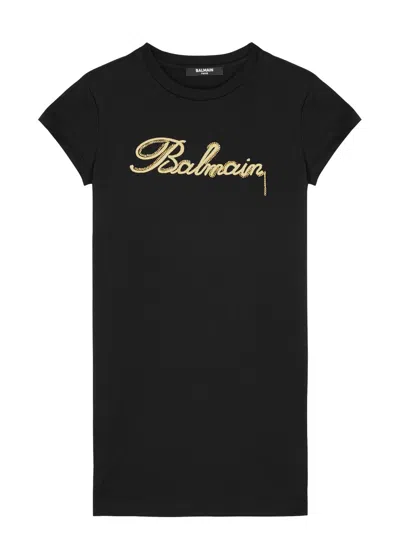 Balmain Kids Logo-embroidered Cotton Dress (6-8 Years) In Black
