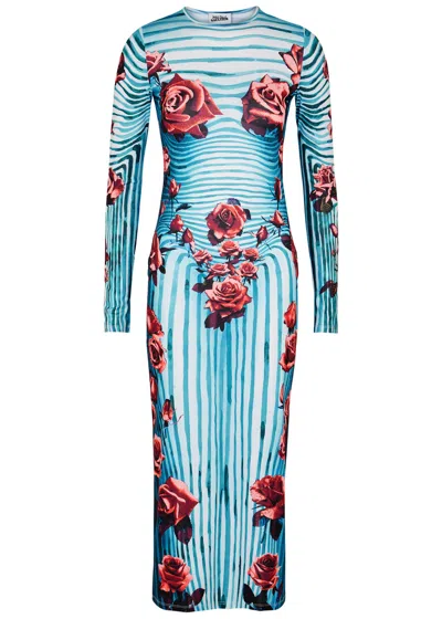 Jean Paul Gaultier Flower-print Slim-fit Stretch-woven Maxi Dress In Blue