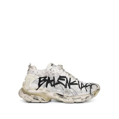 Balenciaga White Runner Sneaker With Graffiti Detail And Logo In Mesh And Nylon Man