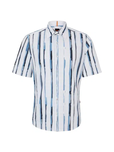 Hugo Boss Regular-fit Shirt In Stripe-print Cotton Dobby In White