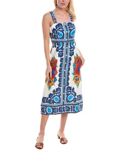 Farm Rio Flower Tapestry Button Front Linen Midi Dress In Multi