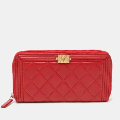 Pre-owned Chanel Quilted Leather Boy Zip Around Wallet In Red