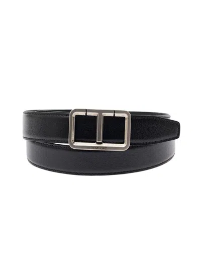 Tom Ford T Shiny Leather Belt With Silver Buckle In Black