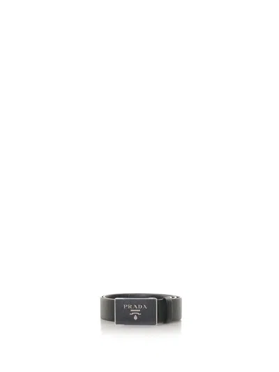 Prada Saffiano Belt With Metal Lettering Logo In Black