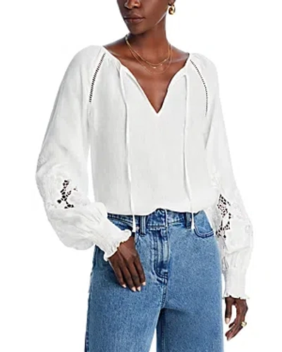 Ramy Brook Flora Long Sleeve Linen Top In White Embroidered