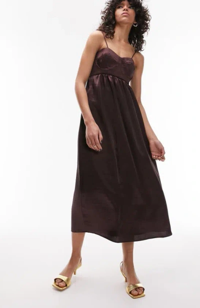 Topshop Corset Bust Satin Midi Dress In Chocolate-brown