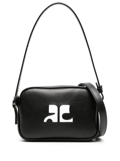 Courrèges Logo-appliqué Leather Shoulder Bag In Black