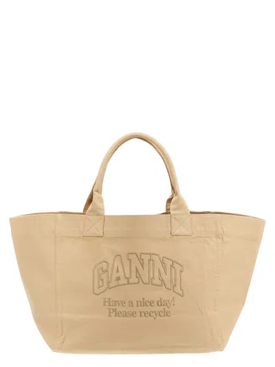 Ganni 'xxl' Beige Tote Bag With Tonal Embroidery In Recycled Cotton Woman