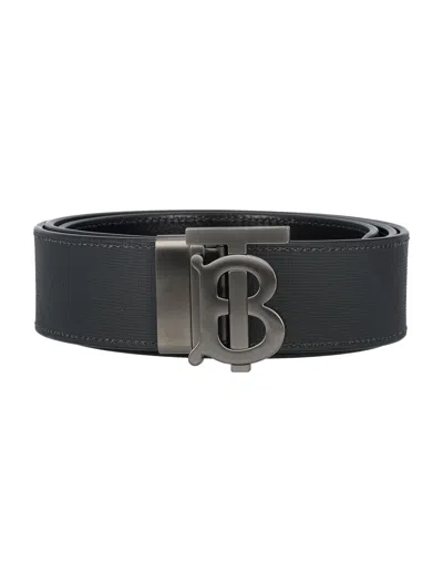 Burberry Check And Leather Reversible Tb Belt In Charcoal/graphite
