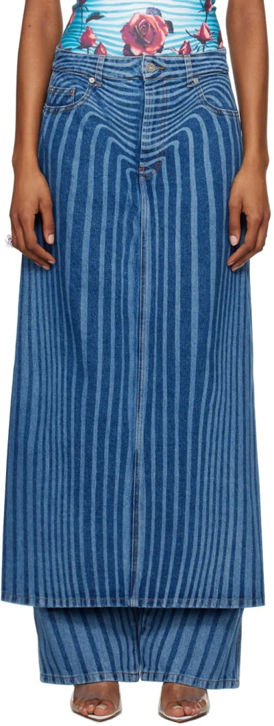 Jean Paul Gaultier Body Morphing Laser Print Denim Skirt Pant In Vintage Blue