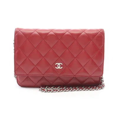 Pre-owned Chanel Matelasse Chain Wallet Lambskin Silver Hardware In Red