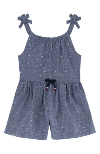 Tommy Hilfiger Kids' Little Girl Romper Printed Chambray Drawstring Straps Romper, 1 Piece Set In Blue Assorted