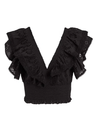 Secret Mission Tanya Ruffle Broderie Anglaise Cotton Top In Black