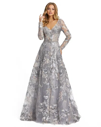 Mac Duggal Long Sleeve Beaded Applique Gown In Grey Multi