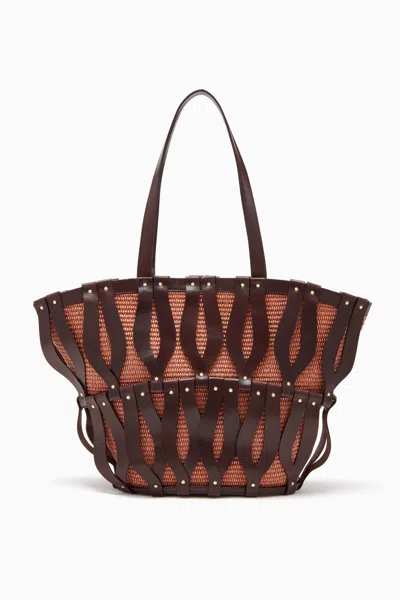 Ulla Johnson Indra Large Studded Leather And Raffia Tote In Chocolate/henna