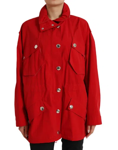Dolce & Gabbana Red Polyester Hooded Button Rain Coat Women's Jacket