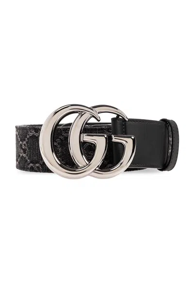 Gucci Logo Plaque Monogrammed Belts In Black