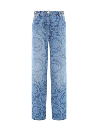 Versace Baroque-print Stone-washed Straight Jeans In Blu