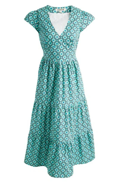Boden May Short Sleeve Cotton Midi Dress In Green Geo Pome