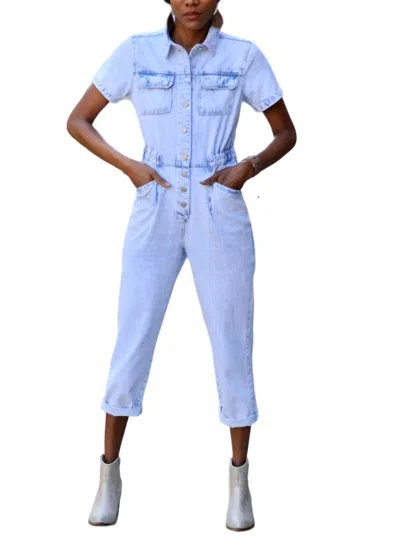 Skies Are Blue One Up Romper In Light Wash In Blue