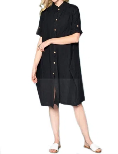 Focus Fashion French Linen Long Dress Shirt In Black