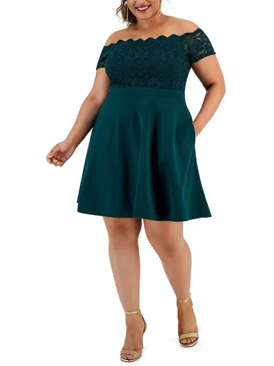 City Studio Plus Womens Lace Trim Mini Fit & Flare Dress In Gold