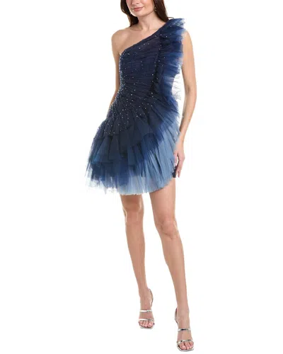Badgley Mischka One-shoulder Ombre Ruffle Mini Dress In Blue