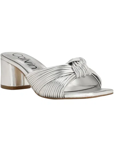 Calvin Klein Womens Faux Leather Slip-on Strappy Sandals In Silver