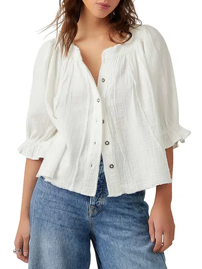 We The Free Lucy Womens Split Neck Bishop Sleeve Button-down Top In White