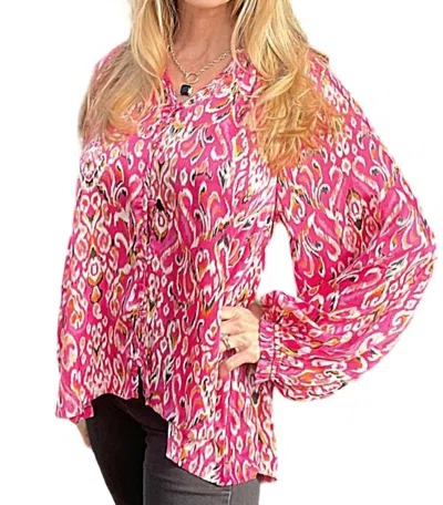 Umgee Satin Print V-notched Long Sleeve Top In Pink