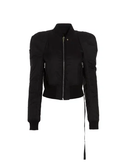 Rick Owens Cropped Zip Padded Bomber Jacket With Puff Shoulder And Side Zip In Black