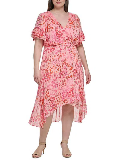 Dkny Plus Womens Floral Ruffled Sleeve Midi Dress In Multi