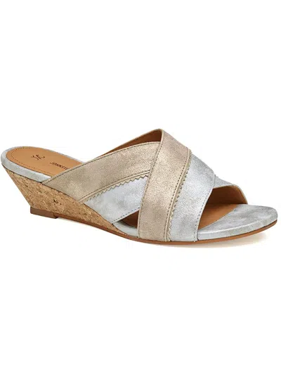Johnston & Murphy Marlena Cross Band Womens Mixed Media Slip On Wedge Sandals In Silver