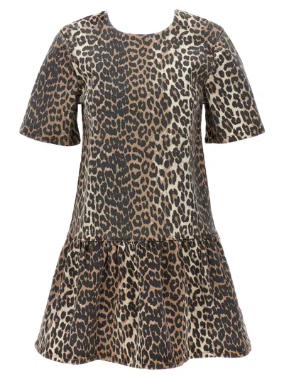 Ganni Animal Print Denim Dress Dresses Multicolor In Leopard
