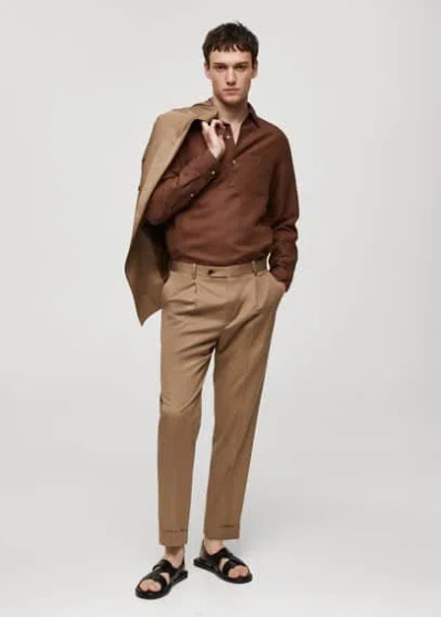 Mango Man Camisa Slim Fit Tencel Lino Brown