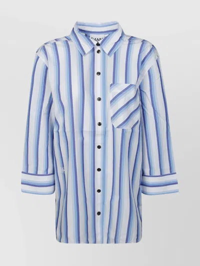 Ganni Striped Organic Cotton Shirt In Blue