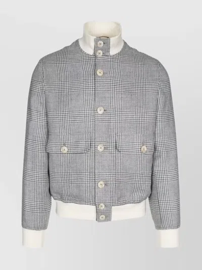 Brunello Cucinelli Houndstooth Linen Blend Shirt Jacket In Grey