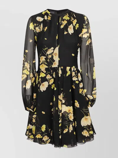 Giambattista Valli Floral Print Silk Blouson Sleeve Dress In Black/yellow