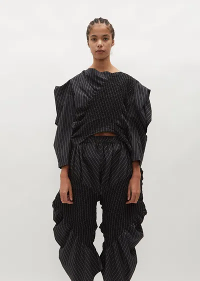 Issey Miyake Contraction Stripe Shirred Crop Blouse In Black
