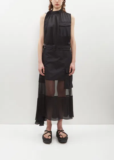 Sacai Cotton And Organdy Asymmetric Dress In Black 001