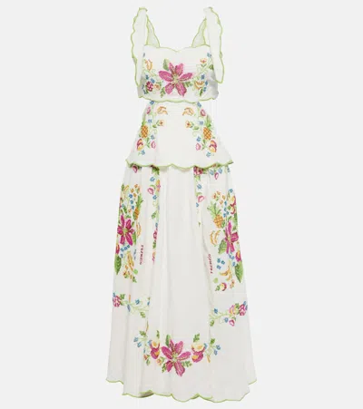 Farm Rio Floral Scalloped Cutout Midi Dress In Tropical Romance Off-white