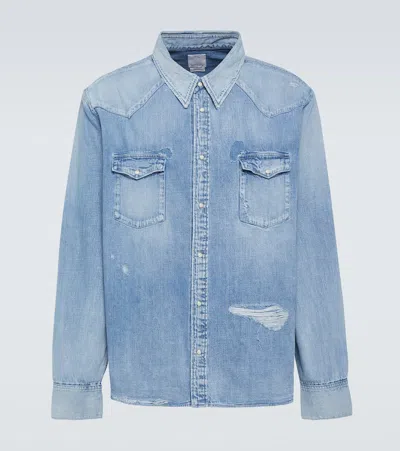 Visvim Social Sculpture Distressed Denim Shirt In Denim Blie