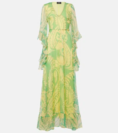 Etro Printed Ruffled Silk Maxi Dress In Green