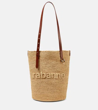 Rabanne Cabas Logo Raffia Shoulder Bag In Shiny Beige