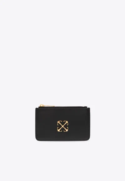 Off-white Arrows Plaque Leather Zip Cardholder In Black