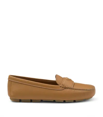 Prada Triangle-logo Leather Driving Loafers In Natural
