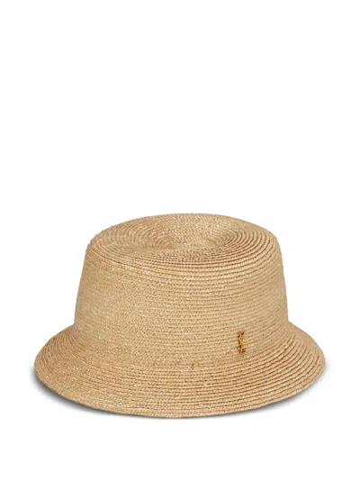 Saint Laurent Woven Straw Fedora Hat In Brown