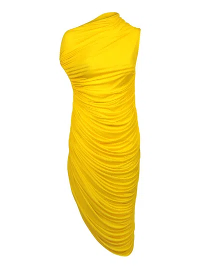 Ferragamo 褶饰平纹针织中长连衣裙 In Yellow
