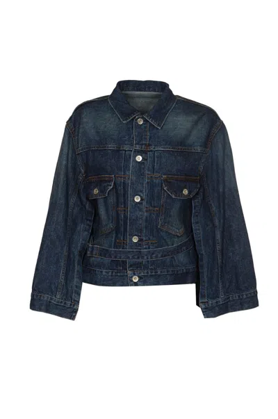 Sacai Long-sleeve Belted Denim Cape Jacket In Blue