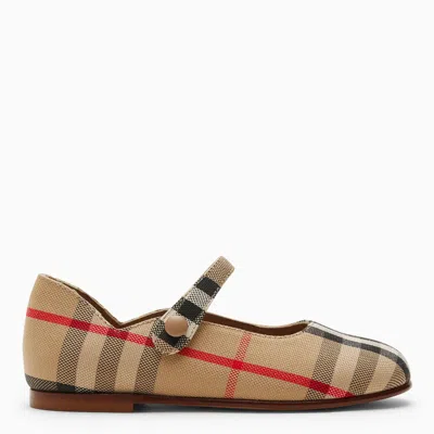 Burberry Childrens Check Mary Jane Flats In Beige